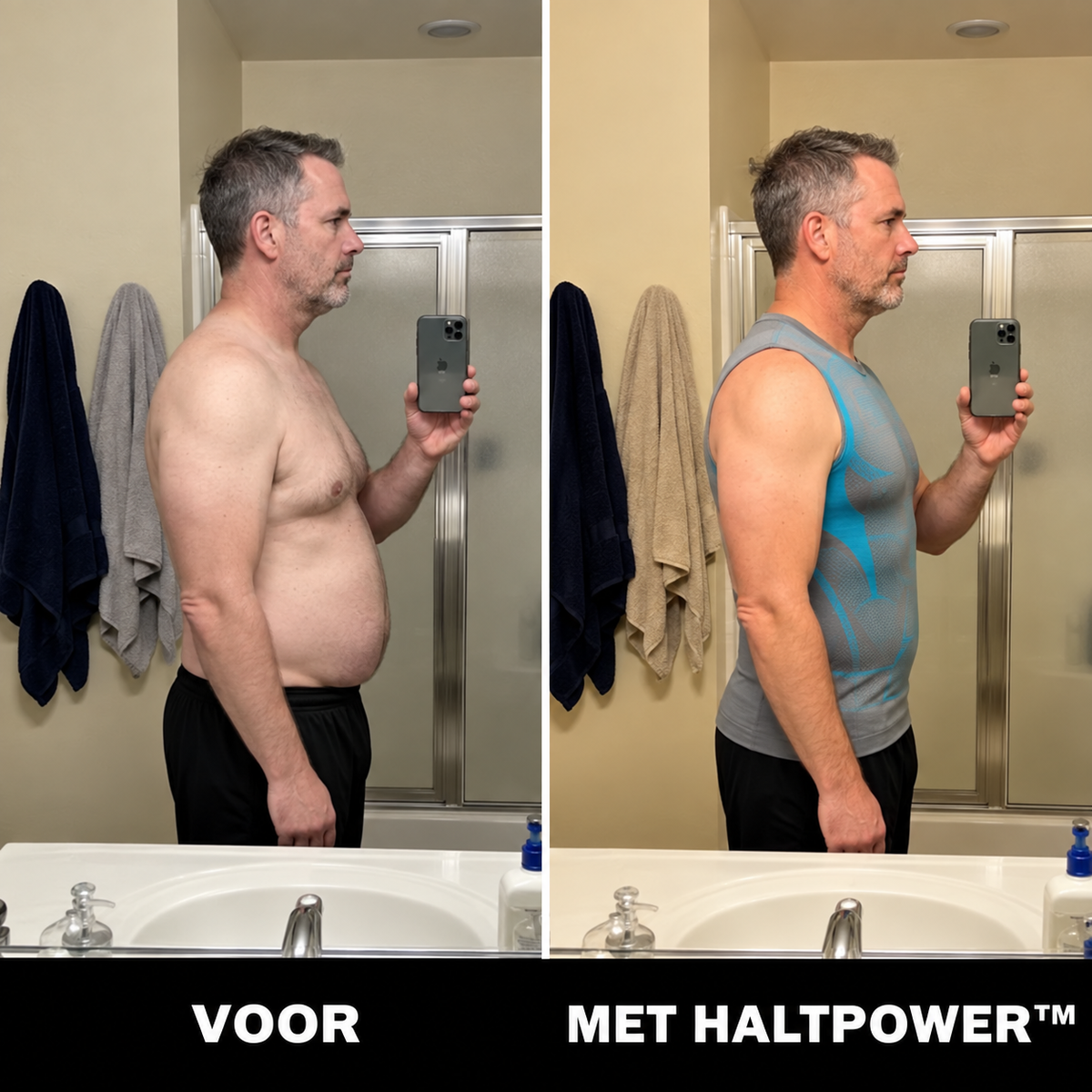 Voor en na met HaltPower voor de spiegel